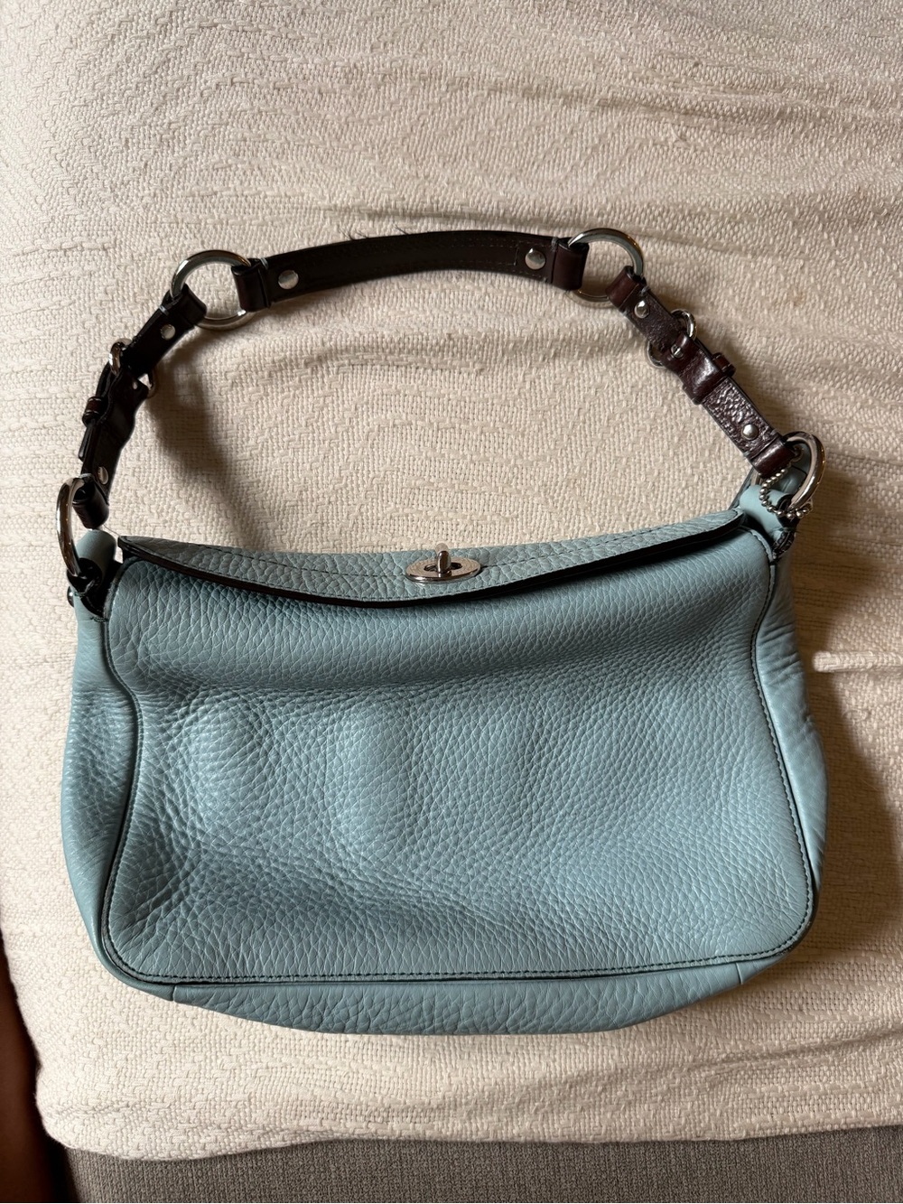 Coach Light Blue Leather Shoulder Bag with Dark Brown Strap
